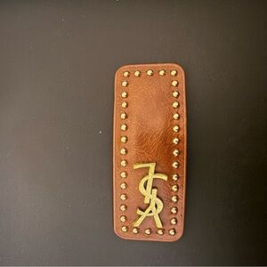 Brand new upcycled ysl Brown Leather hair clip Accessory with Gold Accents